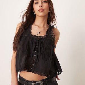 Free People Evermore Black Lace Trim Boho Cropped Tank Top Size Medium